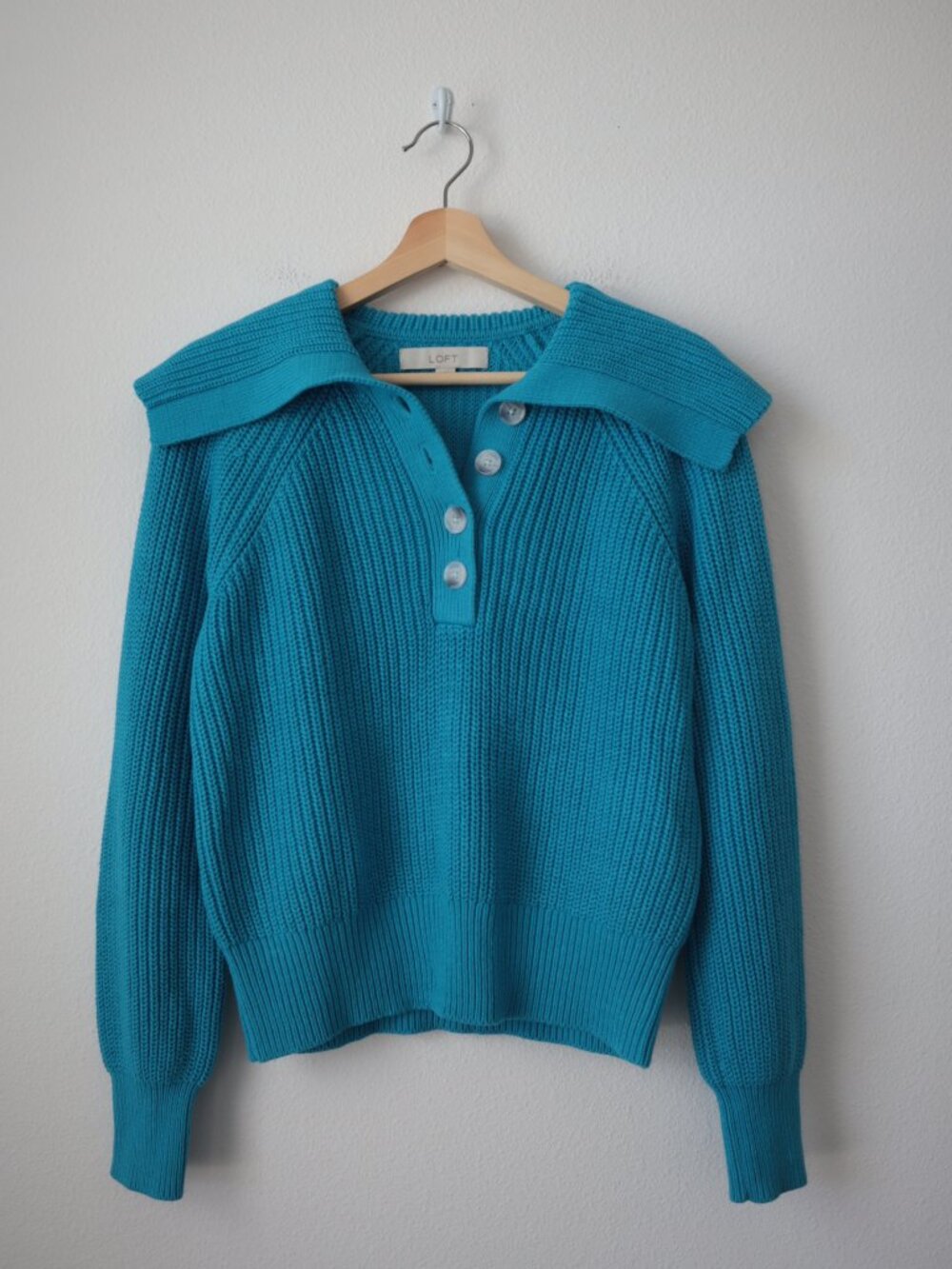 LOFT Ribbed Collared 1/4 Button Front Sweater | S